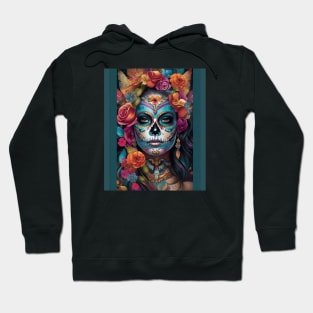 Floral Fiesta: Woman Embraces Dia de los Muertos with Sugar Skull Makeup Hoodie